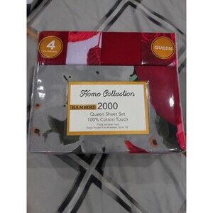 Home Collection Bamboo 2000 Queen Sheet Set Floral Gray/Red Deep Pocket Wrinkle